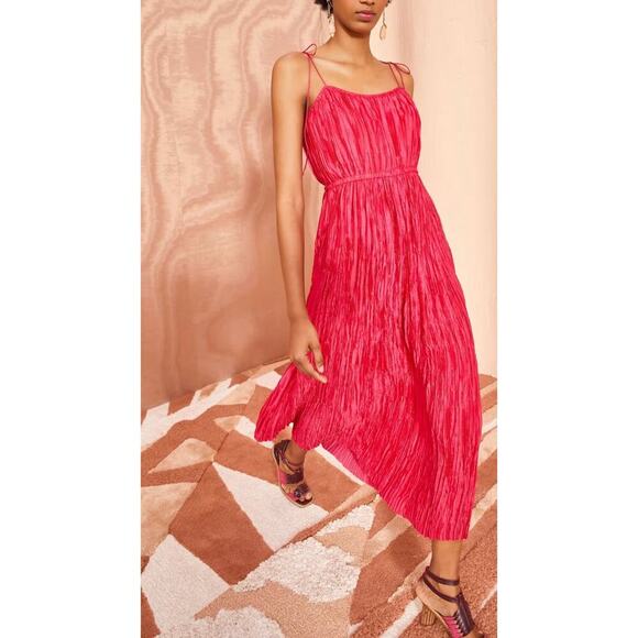 Ulla Johnson Orla Tie Shoulder Plissé Red Pleated Midi Dress 6 Small - Picture 4 of 16